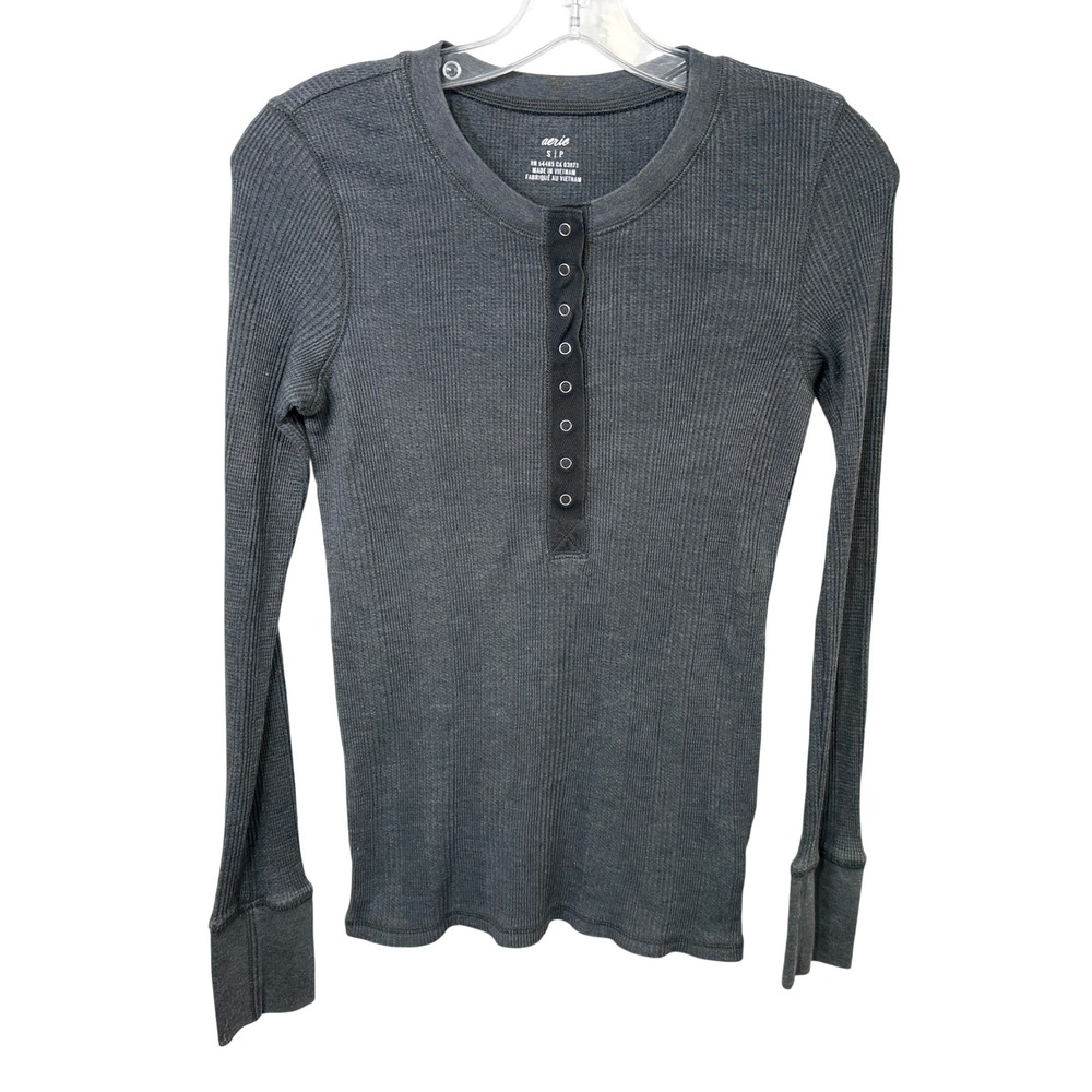 Aerie Small Top Charcoal Gray Ribbed Waffle Knit Henley Long Sleeve Lounge 1469